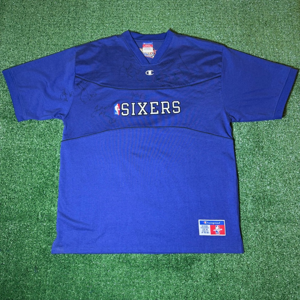 Champion Philadelphia 76ers NBA Shooting Shirt Blue Signed Size Large 0375